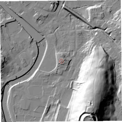 Shaded relief map of the ground around LA97AL, computed from Environment Agency LiDAR. The ground here sits at about 48 m above sea level and falls 57 m across the surrounding 800 m. Surface water reaching this point runs off ground lying to the north-east, 1.7 m higher.