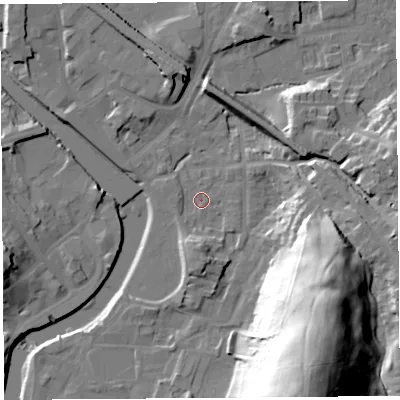 Shaded relief map of the ground around LA97AN, computed from Environment Agency LiDAR. The ground here sits at about 44 m above sea level and falls 52 m across the surrounding 800 m. Surface water reaching this point runs off ground lying to the south-east, 36.4 m higher.