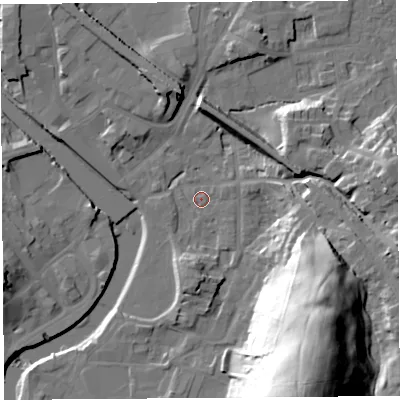 Shaded relief map of the ground around LA97AP, computed from Environment Agency LiDAR. The ground here sits at about 44 m above sea level and falls 50 m across the surrounding 800 m. Surface water reaching this point runs off ground lying to the east-north-east, 1.7 m higher.