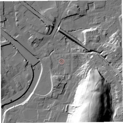 Shaded relief map of the ground around LA97AR, computed from Environment Agency LiDAR. The ground here sits at about 44 m above sea level and falls 51 m across the surrounding 800 m. Surface water reaching this point runs off ground lying to the north-east, 1.4 m higher.