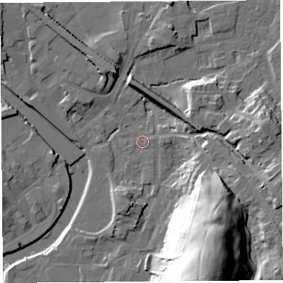 Shaded relief map of the ground around LA97AS, computed from Environment Agency LiDAR. The ground here sits at about 44 m above sea level and falls 50 m across the surrounding 800 m. Surface water reaching this point runs off ground lying to the south-south-east, 44.9 m higher.