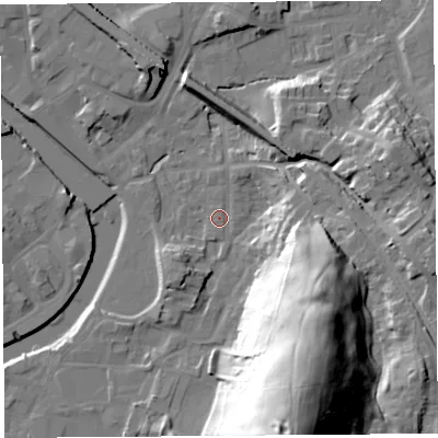Shaded relief map of the ground around LA97AT, computed from Environment Agency LiDAR. The ground here sits at about 45 m above sea level and falls 52 m across the surrounding 800 m. Surface water reaching this point runs off ground lying to the north-north-east, 1.9 m higher.
