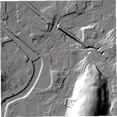 Shaded relief map of the ground around LA97AW, computed from Environment Agency LiDAR. The ground here sits at about 44 m above sea level and falls 51 m across the surrounding 800 m. Surface water reaching this point runs off ground lying to the south-east, 36.4 m higher.
