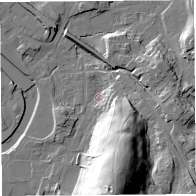 Shaded relief map of the ground around LA97BW, computed from Environment Agency LiDAR. The ground here sits at about 45 m above sea level and falls 53 m across the surrounding 800 m. Surface water reaching this point runs off ground lying to the south-east, 21.5 m higher.