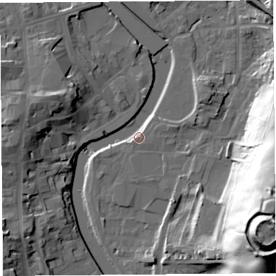 Shaded relief map of the ground around LA97BX, computed from Environment Agency LiDAR. The ground here sits at about 44 m above sea level and falls 57 m across the surrounding 800 m. Surface water reaching this point runs off ground lying to the east, 4.5 m higher.