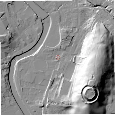 Shaded relief map of the ground around LA97BY, computed from Environment Agency LiDAR. The ground here sits at about 44 m above sea level and falls 57 m across the surrounding 800 m. Surface water reaching this point runs off ground lying to the south-east, 50.2 m higher.