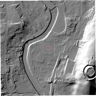 Shaded relief map of the ground around LA97BZ, computed from Environment Agency LiDAR. The ground here sits at about 44 m above sea level and falls 58 m across the surrounding 800 m. Surface water reaching this point runs off ground lying to the south-south-east, 0.7 m higher.