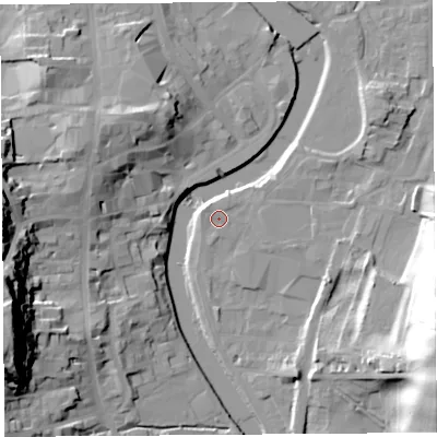 Shaded relief map of the ground around LA97DD, computed from Environment Agency LiDAR. The ground here sits at about 44 m above sea level and falls 40 m across the surrounding 800 m. Surface water reaching this point runs off ground lying to the north-west, 1.1 m higher.