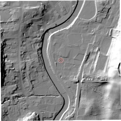 Shaded relief map of the ground around LA97DE, computed from Environment Agency LiDAR. The ground here sits at about 42 m above sea level and falls 46 m across the surrounding 800 m. Surface water reaching this point runs off ground lying to the east, 42.9 m higher.