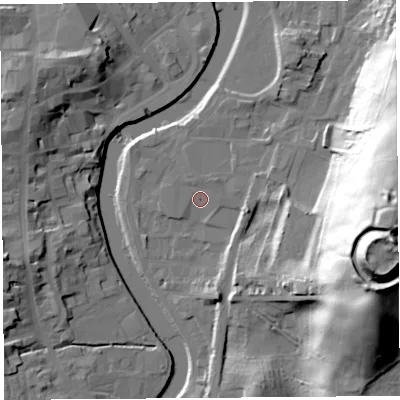 Shaded relief map of the ground around LA97DF, computed from Environment Agency LiDAR. The ground here sits at about 43 m above sea level and falls 58 m across the surrounding 800 m. Surface water reaching this point runs off ground lying to the north-east, 1.3 m higher.