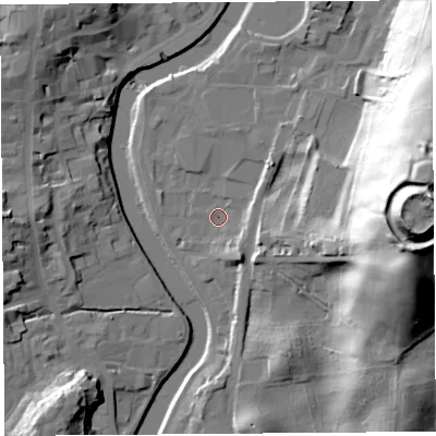Shaded relief map of the ground around LA97DG, computed from Environment Agency LiDAR. The ground here sits at about 42 m above sea level and falls 58 m across the surrounding 800 m. Surface water reaching this point runs off ground lying to the south-south-east, 5.4 m higher.