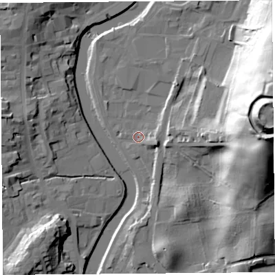 Shaded relief map of the ground around LA97DH, computed from Environment Agency LiDAR. The ground here sits at about 42 m above sea level and falls 58 m across the surrounding 800 m. Surface water reaching this point runs off ground lying to the east-south-east, 2.6 m higher.