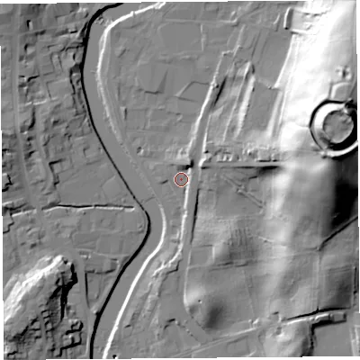Shaded relief map of the ground around LA97DN, computed from Environment Agency LiDAR. The ground here sits at about 43 m above sea level and falls 59 m across the surrounding 800 m. Surface water reaching this point runs off ground lying to the north-north-east, 4.9 m higher.