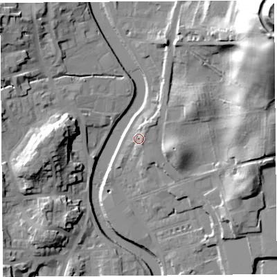 Shaded relief map of the ground around LA97DP, computed from Environment Agency LiDAR. The ground here sits at about 45 m above sea level and falls 58 m across the surrounding 800 m. Surface water reaching this point runs off ground lying to the north-east, 1.3 m higher.