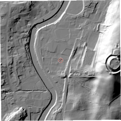 Shaded relief map of the ground around LA97DQ, computed from Environment Agency LiDAR. The ground here sits at about 42 m above sea level and falls 58 m across the surrounding 800 m. Surface water reaching this point runs off ground lying to the east, 3.5 m higher.