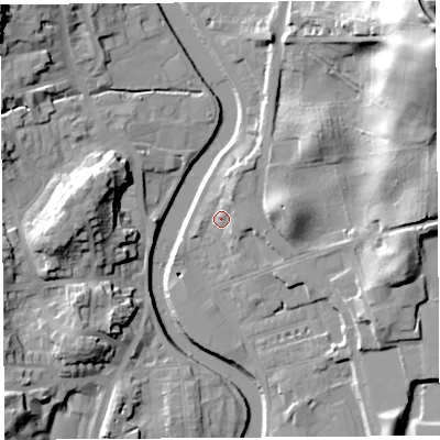 Shaded relief map of the ground around LA97DR, computed from Environment Agency LiDAR. The ground here sits at about 43 m above sea level and falls 56 m across the surrounding 800 m. Surface water reaching this point runs off ground lying to the north-north-east, 3.3 m higher.