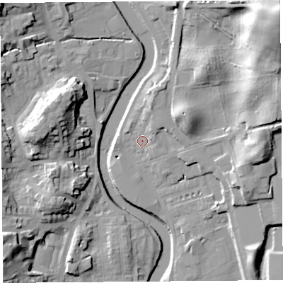 Shaded relief map of the ground around LA97DS, computed from Environment Agency LiDAR. The ground here sits at about 42 m above sea level and falls 46 m across the surrounding 800 m. Surface water reaching this point runs off ground lying to the north-north-east, 4.3 m higher.
