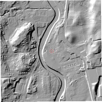 Shaded relief map of the ground around LA97DT, computed from Environment Agency LiDAR. The ground here sits at about 42 m above sea level and falls 41 m across the surrounding 800 m. Surface water reaching this point runs off ground lying to the east-north-east, 16.4 m higher.