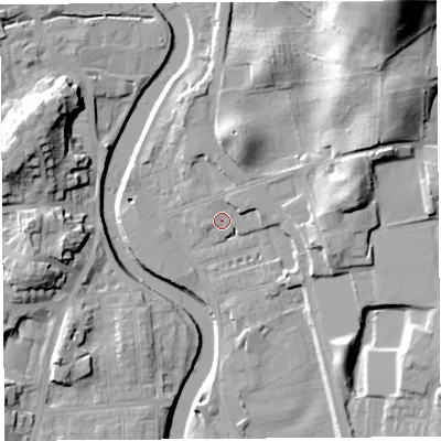 Shaded relief map of the ground around LA97DU, computed from Environment Agency LiDAR. The ground here sits at about 43 m above sea level and falls 42 m across the surrounding 800 m. Surface water reaching this point runs off ground lying to the north-east, 2.0 m higher.