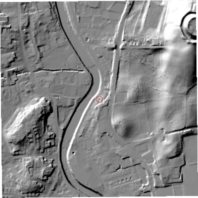 Shaded relief map of the ground around LA97DW, computed from Environment Agency LiDAR. The ground here sits at about 43 m above sea level and falls 59 m across the surrounding 800 m. Surface water reaching this point runs off ground lying to the south-east, 7.5 m higher.