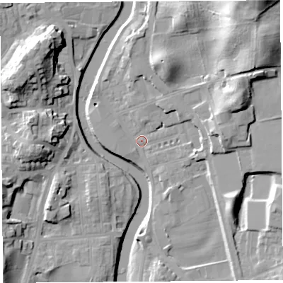 Shaded relief map of the ground around LA97DZ, computed from Environment Agency LiDAR. The ground here sits at about 42 m above sea level and falls 28 m across the surrounding 800 m. Surface water reaching this point runs off ground lying to the north-east, 18.0 m higher.