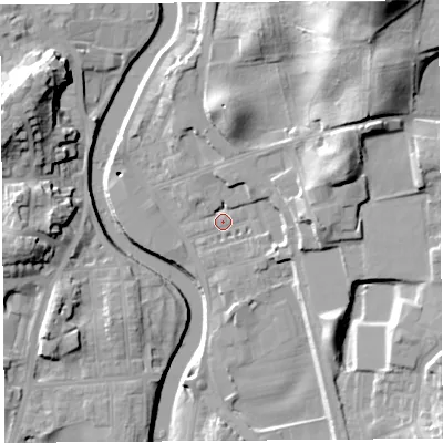 Shaded relief map of the ground around LA97EA, computed from Environment Agency LiDAR. The ground here sits at about 42 m above sea level and falls 32 m across the surrounding 800 m. Surface water reaching this point runs off ground lying to the east-south-east, 3.9 m higher.