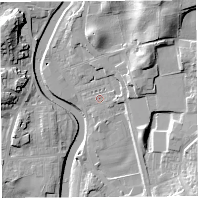Shaded relief map of the ground around LA97EB, computed from Environment Agency LiDAR. The ground here sits at about 42 m above sea level and falls 23 m across the surrounding 800 m. Surface water reaching this point runs off ground lying to the east, 0.9 m higher.