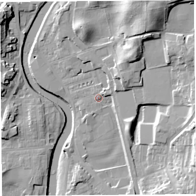 Shaded relief map of the ground around LA97ED, computed from Environment Agency LiDAR. The ground here sits at about 43 m above sea level and falls 23 m across the surrounding 800 m. Surface water reaching this point runs off ground lying to the east-north-east, 3.1 m higher.