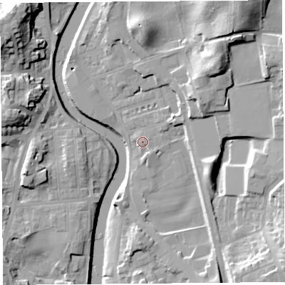Shaded relief map of the ground around LA97EF, computed from Environment Agency LiDAR. The ground here sits at about 43 m above sea level and falls 23 m across the surrounding 800 m. Surface water reaching this point runs off ground lying to the north-north-east, 1.7 m higher.