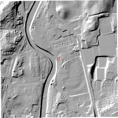 Shaded relief map of the ground around LA97EG, computed from Environment Agency LiDAR. The ground here sits at about 41 m above sea level and falls 23 m across the surrounding 800 m. Surface water reaching this point runs off ground lying to the east-north-east, 2.9 m higher.