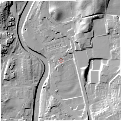 Shaded relief map of the ground around LA97EH, computed from Environment Agency LiDAR. The ground here sits at about 42 m above sea level and falls 23 m across the surrounding 800 m. Surface water reaching this point runs off ground lying to the south-south-west, 1.1 m higher.
