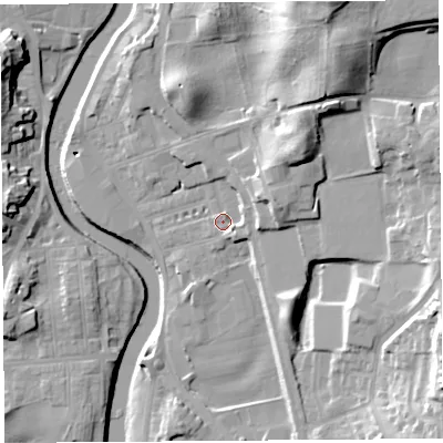 Shaded relief map of the ground around LA97EJ, computed from Environment Agency LiDAR. The ground here sits at about 43 m above sea level and falls 25 m across the surrounding 800 m. Surface water reaching this point runs off ground lying to the east-south-east, 3.0 m higher.