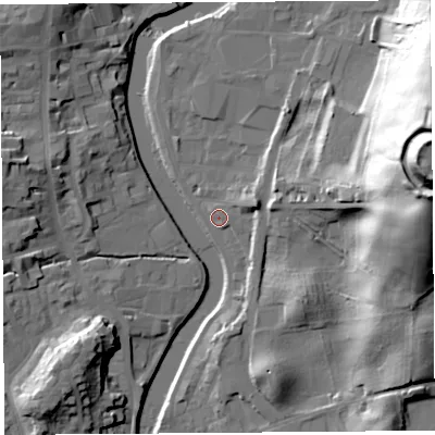 Shaded relief map of the ground around LA97EL, computed from Environment Agency LiDAR. The ground here sits at about 43 m above sea level and falls 58 m across the surrounding 800 m. Surface water reaching this point runs off ground lying to the east-north-east, 4.4 m higher.