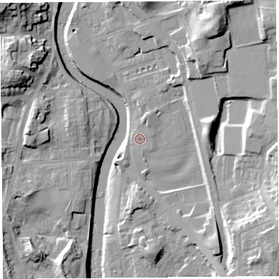 Shaded relief map of the ground around LA97EQ, computed from Environment Agency LiDAR. The ground here sits at about 42 m above sea level and falls 21 m across the surrounding 800 m. Surface water reaching this point runs off ground lying to the east, 0.5 m higher.