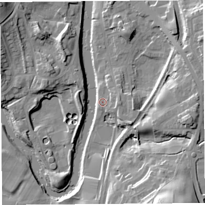 Shaded relief map of the ground around LA97FA, computed from Environment Agency LiDAR. The ground here sits at about 42 m above sea level and falls 32 m across the surrounding 800 m. Surface water reaching this point runs off ground lying to the east, 3.6 m higher.