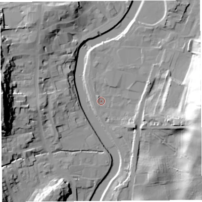 Shaded relief map of the ground around LA97FB, computed from Environment Agency LiDAR. The ground here sits at about 42 m above sea level and falls 43 m across the surrounding 800 m. Surface water reaching this point runs off ground lying to the east, 39.5 m higher.