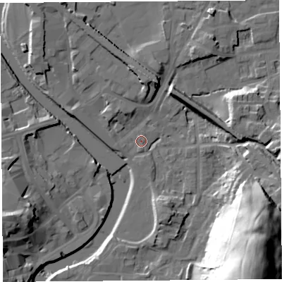 Shaded relief map of the ground around LA97FD, computed from Environment Agency LiDAR. The ground here sits at about 44 m above sea level and falls 48 m across the surrounding 800 m. Surface water reaching this point runs off ground lying to the north, 8.7 m higher.
