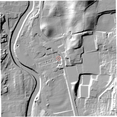 Shaded relief map of the ground around LA97FE, computed from Environment Agency LiDAR. The ground here sits at about 42 m above sea level and falls 32 m across the surrounding 800 m. Surface water reaching this point runs off ground lying to the south, 3.0 m higher.