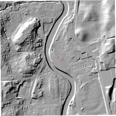 Shaded relief map of the ground around LA97FG, computed from Environment Agency LiDAR. The ground here sits at about 42 m above sea level and falls 33 m across the surrounding 800 m. Surface water reaching this point runs off ground lying to the north-east, 16.4 m higher.