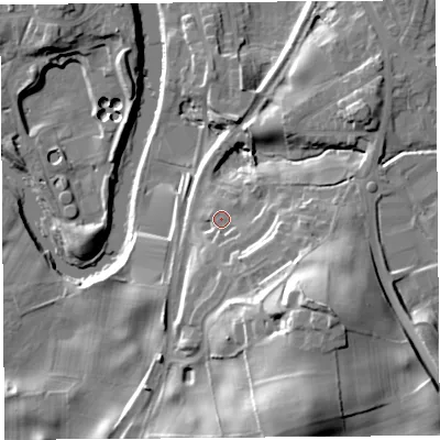 Shaded relief map of the ground around LA97FN, computed from Environment Agency LiDAR. The ground here sits at about 47 m above sea level and falls 36 m across the surrounding 800 m. Surface water reaching this point runs off ground lying to the south-east, 7.8 m higher.