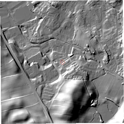 Shaded relief map of the ground around LA97FS, computed from Environment Agency LiDAR. The ground here sits at about 60 m above sea level and falls 41 m across the surrounding 800 m. Surface water reaching this point runs off ground lying to the south-east, 12.1 m higher.