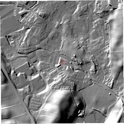 Shaded relief map of the ground around LA97FT, computed from Environment Agency LiDAR. The ground here sits at about 61 m above sea level and falls 45 m across the surrounding 800 m. Surface water reaching this point runs off ground lying to the south-east, 6.1 m higher.
