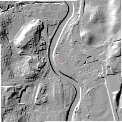 Shaded relief map of the ground around LA97FU, computed from Environment Agency LiDAR. The ground here sits at about 42 m above sea level and falls 32 m across the surrounding 800 m. Surface water reaching this point runs off ground lying to the west, 0.9 m higher.