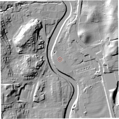 Shaded relief map of the ground around LA97FW, computed from Environment Agency LiDAR. The ground here sits at about 42 m above sea level and falls 33 m across the surrounding 800 m. Surface water reaching this point runs off ground lying to the north-east, 16.4 m higher.