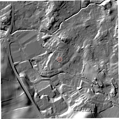 Shaded relief map of the ground around LA97HE, computed from Environment Agency LiDAR. The ground here sits at about 58 m above sea level and falls 38 m across the surrounding 800 m. Surface water reaching this point runs off ground lying to the north-east, 1.4 m higher.