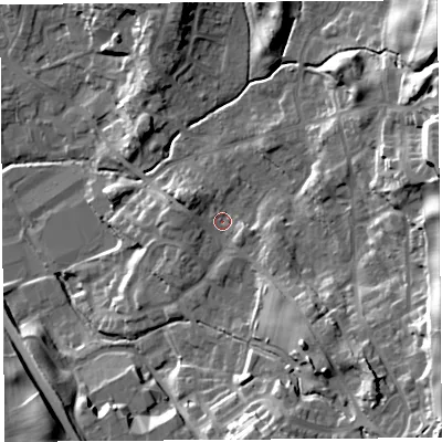 Shaded relief map of the ground around LA97HH, computed from Environment Agency LiDAR. The ground here sits at about 57 m above sea level and falls 29 m across the surrounding 800 m. Surface water reaching this point runs off ground lying to the east-north-east, 20.8 m higher.
