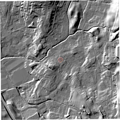 Shaded relief map of the ground around LA97HJ, computed from Environment Agency LiDAR. The ground here sits at about 57 m above sea level and falls 29 m across the surrounding 800 m. Surface water reaching this point runs off ground lying to the south-west, 3.8 m higher.