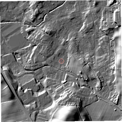 Shaded relief map of the ground around LA97HL, computed from Environment Agency LiDAR. The ground here sits at about 57 m above sea level and falls 38 m across the surrounding 800 m. Surface water reaching this point runs off ground lying to the south, 29.2 m higher.