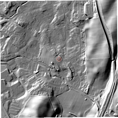 Shaded relief map of the ground around LA97HQ, computed from Environment Agency LiDAR. The ground here sits at about 66 m above sea level and falls 50 m across the surrounding 800 m. Surface water reaching this point runs off ground lying to the south-south-west, 2.5 m higher.
