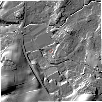 Shaded relief map of the ground around LA97HU, computed from Environment Agency LiDAR. The ground here sits at about 52 m above sea level and falls 44 m across the surrounding 800 m. Surface water reaching this point runs off ground lying to the north-east, 8.9 m higher.